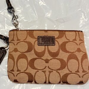 Coach Signature C Wristlet Brown Tan Canvas Zip Pouch Phone Wallet